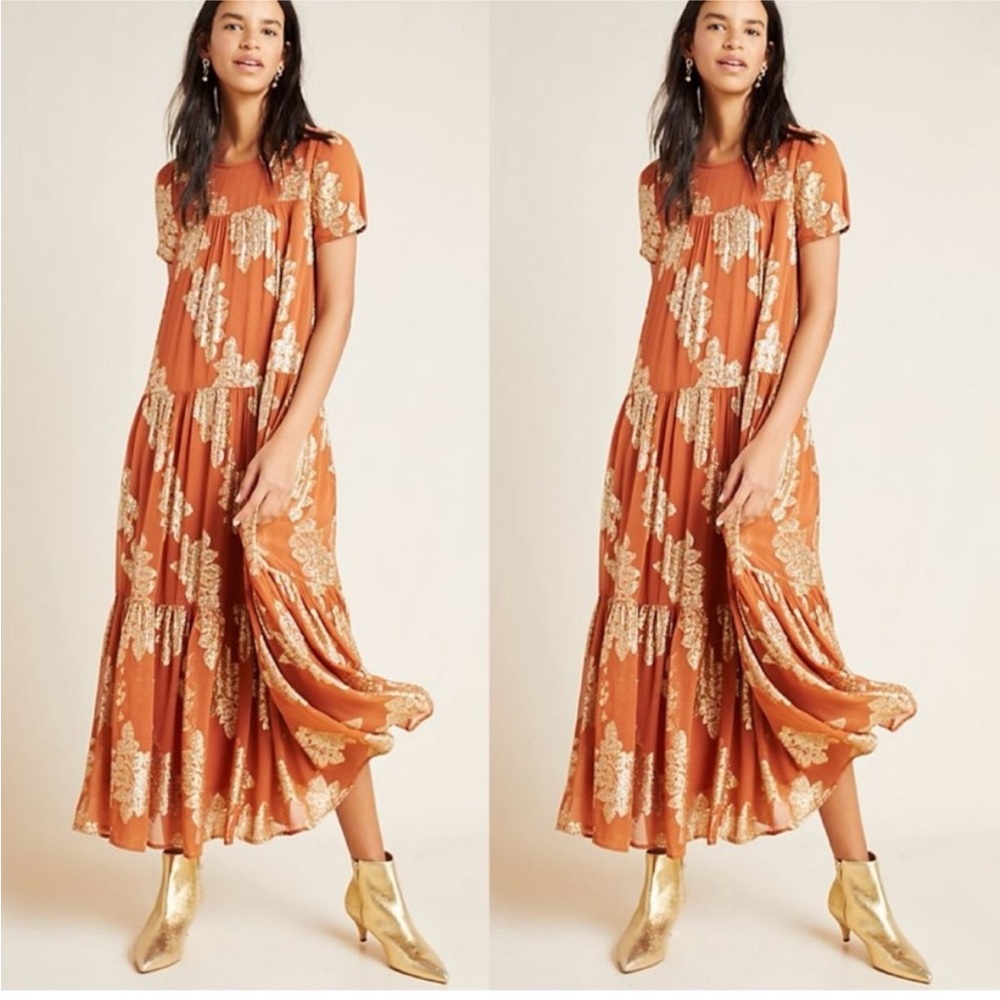 Anthropologie Jocasta Tiered Maxi Dress gold Metallic Midi XSP XS petite